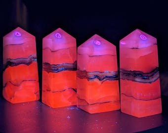 Smoky Mangano Calcite Towers ~ UV Reactive Crystal Towers ~ Smoky Mangano Calcite Point ~ Mangano Calcite Generator ~ Luminous Calcite