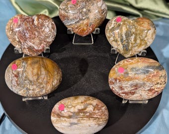 Indonesian Jasper Heart ~ Natural Jasper Palm Stone ~ Colorful Hand Carved Crystal Heart and Palm