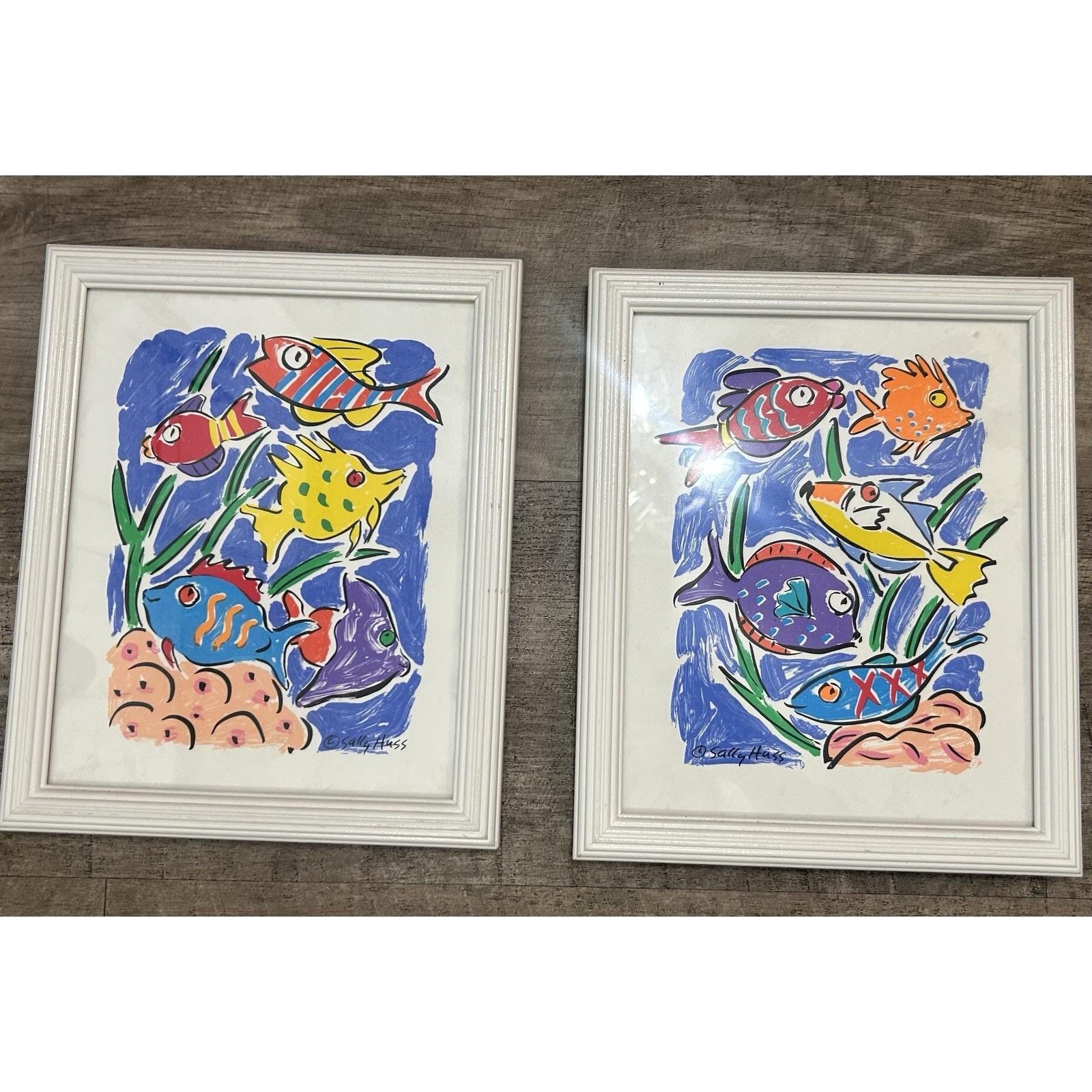 Vintage Sally Huss Signed White Framed and Matted Colorful Fish