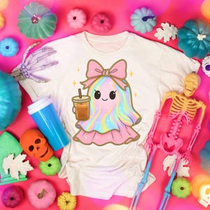 Halloween Shirt, Cute Halloween Ghost Drink Unisex Tee, Kawaii T-Shirt, Ghost Lover Gift, Summerween Vibes Shirt, Cartoon Character Tee