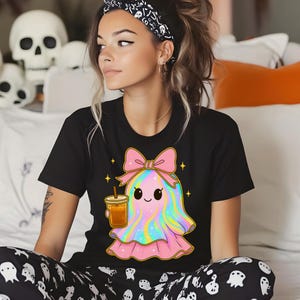 Halloween Shirt, Cute Halloween Ghost Drink Unisex Tee, Kawaii T-Shirt, Ghost Lover Gift, Summerween Vibes Shirt, Cartoon Character Tee