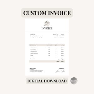 May include: A black and white custom invoice template with the text "CUSTOM INVOICE" at the top. The invoice includes a table with the headings "Description", "Unit Price", "Qty", and "Total". The invoice also includes a section for bank details and a signature.