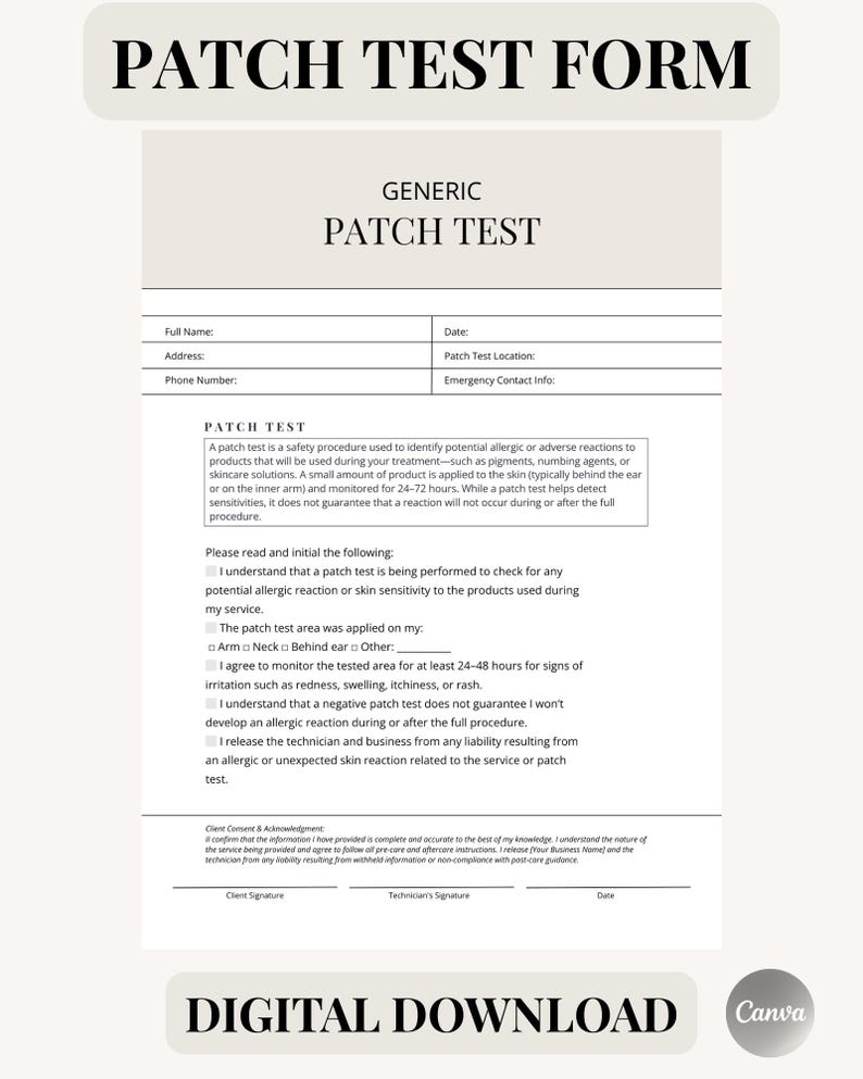 True Patch Collection Form Customizable Patch Test Form, Esthetician Patch Test Template, Skin ...