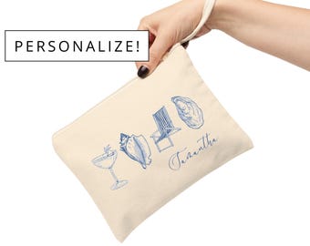 Last Toast On The Coast Makeup Bag Custom Seashells and Wedding Bells Bridesmaid Sunscreen Bag Seashell Blue Coastal Grandmother Bridal Bag