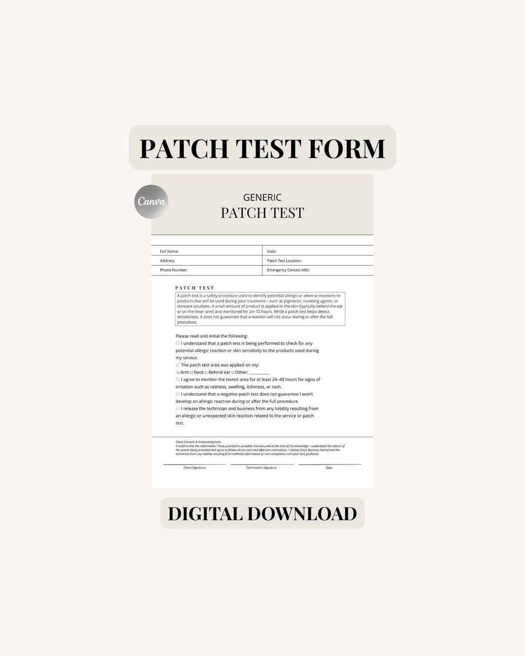 Customizable Patch Test Form, Esthetician Patch Test Template, Skin ...
