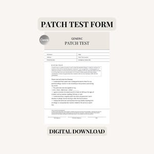Puede incluir: Un formulario de prueba de parche genérico con el título "Patch Test Form" y el texto "Generic Patch Test" en un cuadro blanco. El formulario incluye campos para el nombre del paciente, el número de teléfono, la fecha, la ubicación de la prueba de parche y la información de contacto de emergencia. El formulario también incluye una sección para que el paciente lea e inicialice lo siguiente: "Entiendo que se está realizando una prueba de parche para verificar cualquier posible reacción alérgica o sensibilidad de la piel a los productos utilizados durante mi servicio. El área de la prueba de parche se aplicó en mi: Brazos - Espalda - Detrás de la oreja - Otro. Acepto controlar el área de la prueba durante al menos 24-48 horas para detectar signos de irritación como enrojecimiento, hinchazón, picazón o erupción. Entiendo que una prueba de parche negativa no garantiza que no desarrolle una reacción alérgica durante o después del procedimiento completo. Libero al técnico y al negocio de cualquier responsabilidad que resulte de una reacción alérgica o cutánea inesperada relacionada con el servicio o la prueba de parche."