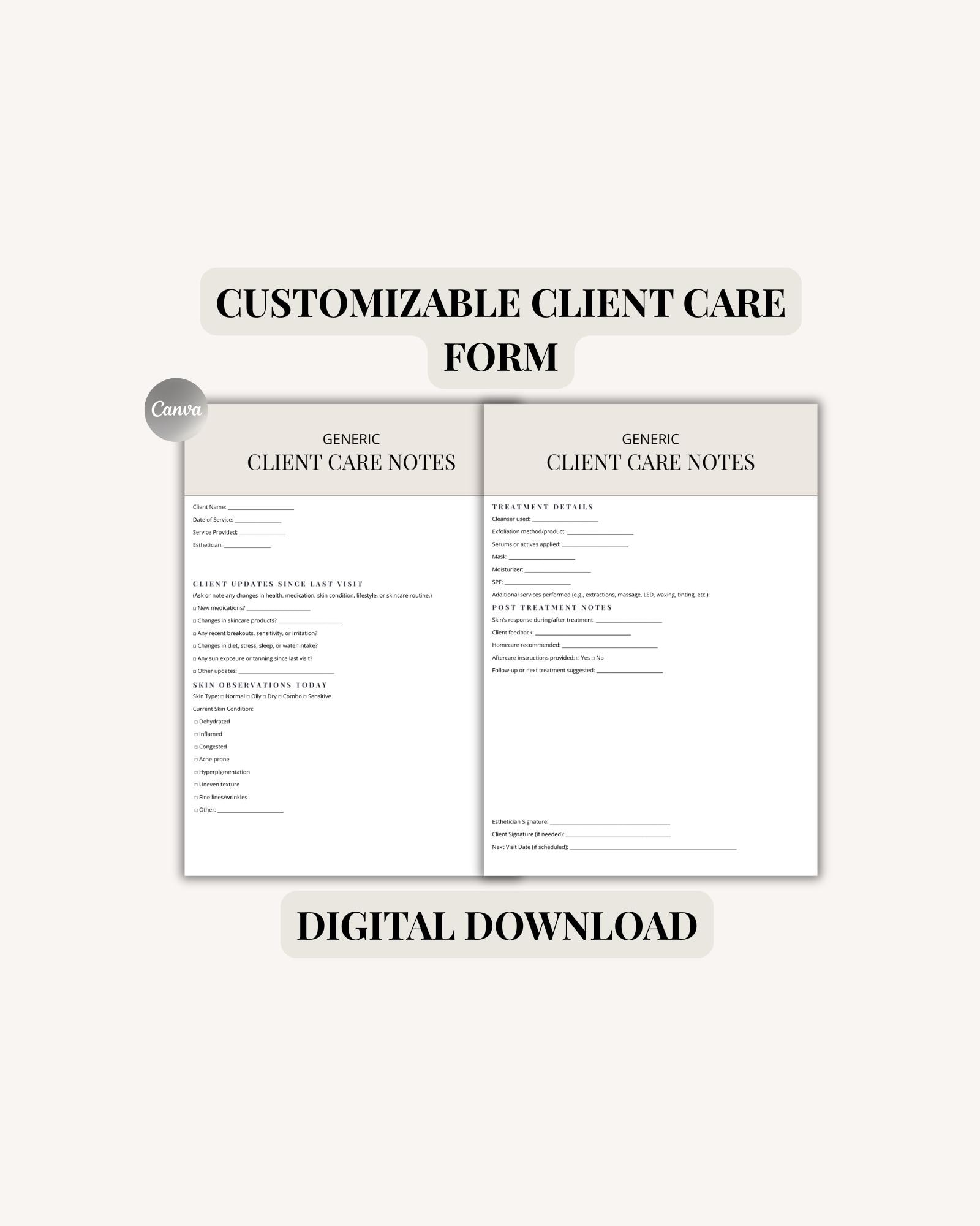 Client Care Form, Customizable Esthetician Client Care Form Template ...
