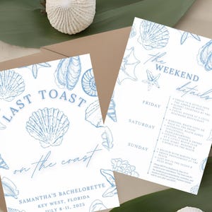 Last Toast On The Coast Bachelorette Party Invites, Coastal Bachelorette Party Itinerary Templates, Seashells and Wedding Bells Destination