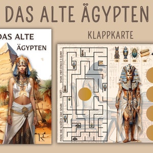Könnte beinhalten: Eine farbenfrohe illustrierte Spielkarte mit einem Labyrinth und einem Schatzsuche-Thema. Die Karte zeigt einen Pharao, eine Pyramide und eine Frau in einem weißen Kleid. Der Text auf der Karte lautet "Das Alte Ägypten" und "Klappkarte".