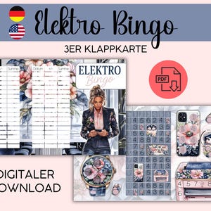 Puede incluir: Un conjunto de tarjetas de bingo imprimibles con un diseño floral. El conjunto de tarjetas es para un juego llamado "Elektro Bingo" y está disponible como descarga digital en formato PDF. El conjunto de tarjetas incluye una página de título con una mujer con una chaqueta con estampado floral y una tarjeta de bingo con números e imágenes.