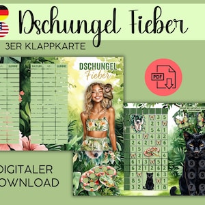 Könnte beinhalten: Digitaler Download mit Dschungel-Thema, mit dem Text "Dschungel Fieber" und "3ER KLAPPKARTE". Das Design umfasst Illustrationen einer Frau mit einem Affen, einer schwarzen Katze und einer Schlange, mit einem PDF-Symbol.
