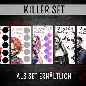 Könnte beinhalten: Ein Set aus fünf druckbaren Halloween-Spielkarten mit verschiedenen Horrorfiguren. Die Karten beinhalten "Blood Killer", "Little Killer", "Crazy Killer", "Church Killer" und "Night Killer". Die Karten sind in Schwarzweiß gehalten und haben einen roten Blutfleckeneffekt.