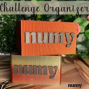 Könnte beinhalten: Zwei Wellpappkartons, einer orangefarben und einer goldfarben, jeweils mit dem Wort "numy" in grauen Buchstaben. Auf der oberen Box steht der Text "Challenge Organizer". Die Boxen stehen vor einem Hintergrund aus Grün und Blumen.