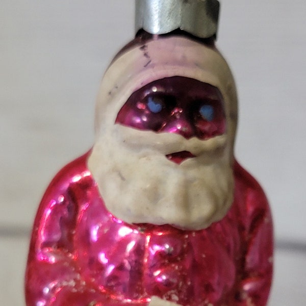 Vintage 3.5" Santa Clause Glass Hand Painted Ornament Pink Suit Blue Eyes