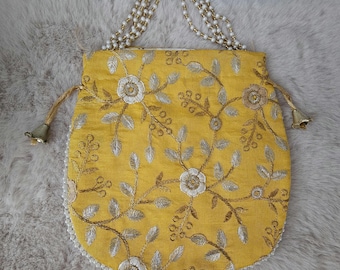 Embroidered Potli Bag with Beaded Handle for Weddings, Parties