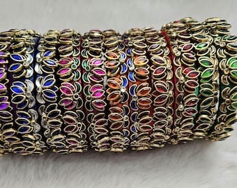 Handcrafted Silk Thread 3D Lotus Bangles with Kundan Stones - Set of 2
