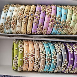 Pastel Silk Thread Bangles with Kundan Stones - Set of 2