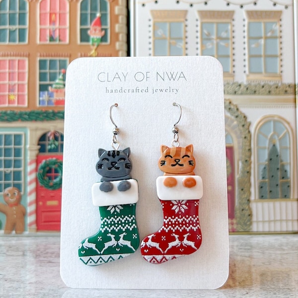 Cat in Christmas Stocking | Christmas Earrings | Christmas Cat | Stocking | Unique Holiday Earrings | Polymer Clay | Christmas Trends