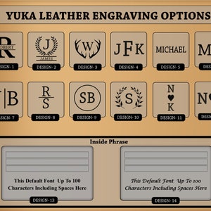 May include: A chart of 14 different leather engraving options for personalized gifts. The options include initials, names, and symbols. The chart also includes two options for adding a custom phrase.