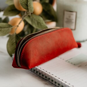 Leather Pen Pouch With Zippered Closure And Tool Holder, Leather Pencil Case