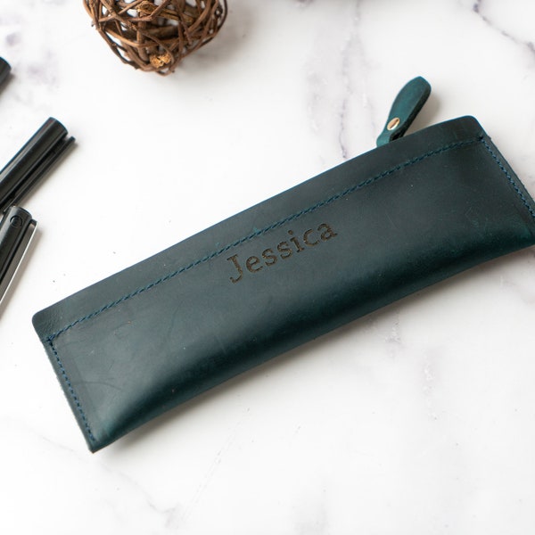 Custom Leather Pencil Case, Personalized Pencil Organizer, Genuine Leather Pen Case, Leather Pen Holder, Zipper Pouch, Customized Makeup Bag