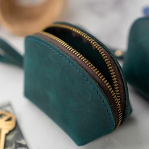 Monedero minimalista con cremallera, monedero de cuero vintage cosido a mano, bolso pequeño y bonito, regalo de Navidad para ella, monedero pequeño con cremallera