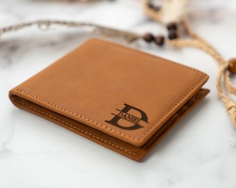 Personalized Slim Leather Mens Bifold Wallet, Custom Father's Day Gifts for Man, Anniversary Gifts for Dad, Husband Gift