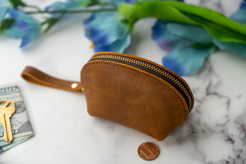 Personalized Leather Small Bag, Small Leather Pouch, Leather Coin Purse, Mini Leather Zip Pouch, Small Cosmetic Purse, Leather Zipper Pouch image 2