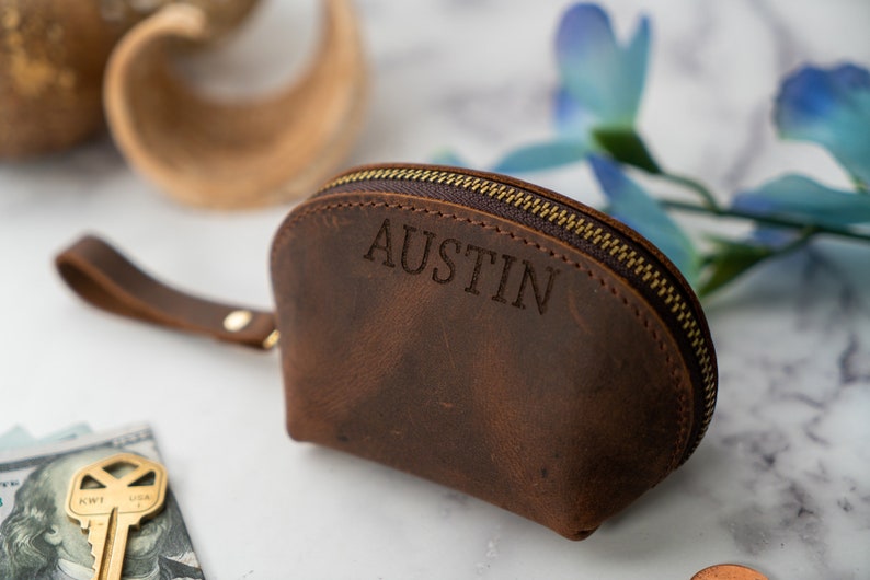 Small Coffee Leather Pouch, Small Black Earphone Case, Custom Green Coin Pouch, Blue Keychain Bag, Monogram Red Pouches, Leather Coin Purse image 6