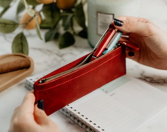 Custom Wine Red Leather Zipper Pen Case, Personalized Black Pen Organizer, Genuine Leather Green Zip Pen Case, Leather Brown Pen Holder