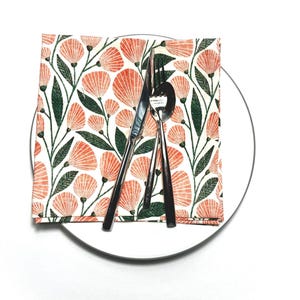 18” Dinner Art Deco Peach Orange Cloth Napkins Floral Print Cotton Square Lunch Sustainable Handmade Apricot Table Linens