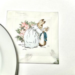 5&quot; Cloth Coasters Rabbit Cotton Napkins Eco-Friendly Spring Pastel Set of 4 Easter Bunny Sustainable Luxury Linens c1q