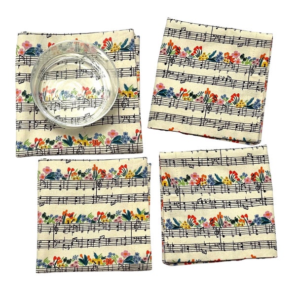 10" Rifle Paper Co Cloth Cocktail Napkins Music Notes Floral Bass Treble Clef Flower Print Sustainable Linens Musical Gift Table Decor rpcq