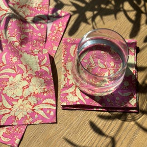 10&quot; Cloth Pink & Yellow Floral Cocktail Napkins Flower Print Cotton Beverage Eco-Friendly Sustainable Linens Andy Warhol Style Design tdq