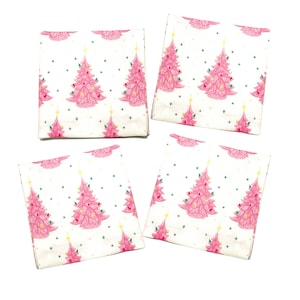 10&quot; Pink Kitschy Trees Christmas Cloth Cocktail Napkin Designer Louise Pretzel Eco-Friendly Sustainable Luxury Table Linens 1960s xwq