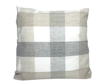 Outdoor Sunbrella Pillow Cover Modern Farmhouse Neutral Plaid Patio Porch Weatherproof Check Grey Beige Boat Decor Designer 20 22 24 snq