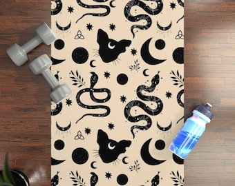 Witchy yoga mat, Celestial, Black cat, Magical Pilates mat, Rubber bottom, Non Slip, Microfibre Suede Yoga Mat, Cute Exercise Mat