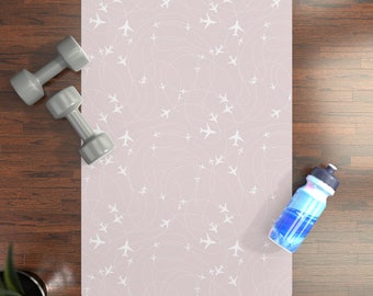 Pink airplane yoga mat, travel mat, non slip, yoga mat for travellers, cute pink pilates mat, workout equipment