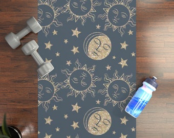 Esterilla de yoga celestial con sol, luna y estrellas, base de goma antideslizante