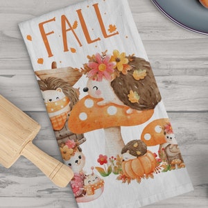 Happy Fall Hedgehog Cotton Tea Towel, Woodland Décor, Cute Animal, Mushroom Flour Sack Tea Towel, Farm, Kitchen Dish Towel, New Home Gift