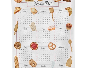 2025 Calendar Watercolor Sweet Treats and Breads Tea Towel, Kitchen Décor, Desserts, Cookies, Muffins, Pies, Hostess Gift, Foodie Gift