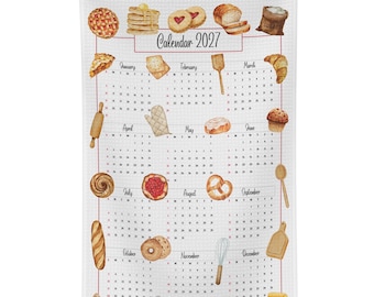2027 Calendar Watercolor Sweet Treats and Breads Tea Towel, Kitchen Décor, Desserts, Cookies, Muffins, Pies, Hostess Gift, Foodie Gift