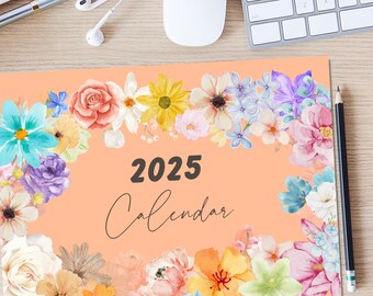 2025 Calendar Bible Verses, Printable Watercolor Flowers Calendar, Digital Calendar 2025, Instant Download PDF, Monthly Planner Calendar