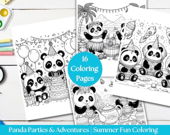Panda Parties und Abenteuer Malseiten, Printable Sommer Spaß Färbung, digitaler Download, Färbung für Kinder und Erwachsene, Safari, Weltraum