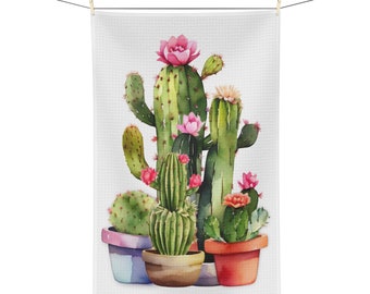 Cactus Watercolor Tea Towel, Kitchen Décor, Hand Towel, Cook, Chef, Dishcloth, Housewarming Gift, House Plants, Succulent, Cactus In Bloom