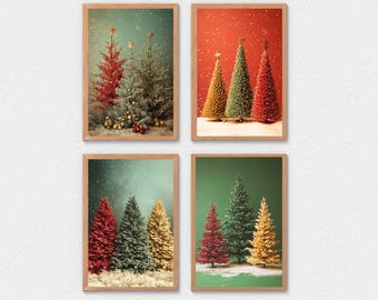 Vintage Christmas Tree Print Set, Retro Holiday Wall Art, Digital Printable Download, Holiday Decor Vintage City Poster, Christmas Art Print