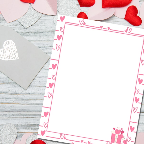 Pink Hearts Border Paper, Cute Printable Border Paper, 8.5x11 Letter PDF, PNG, Bordered Paper, Classroom, Digital Paper, Photo Printer Paper