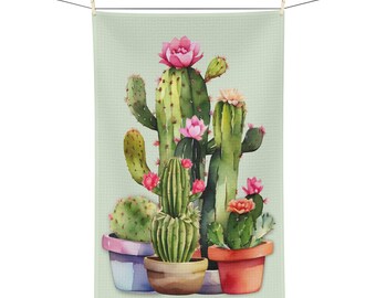 Cactus Watercolor Tea Towel, Kitchen or Hand Towel Gift, Succulent, Desert, Housewarming Décor, Tea Towel, House Plants, Cactus In Bloom