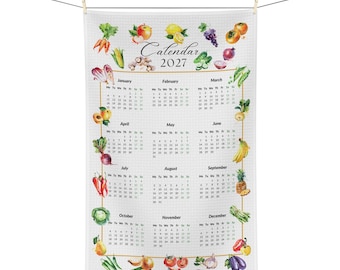 Monday Start 2027 Calendar Watercolor Fruit and Vegetables Tea Towel, Kitchen Towel, Gardening gift, Housewarming Décor, Christmas Gift 2026