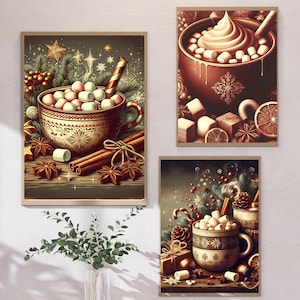 Vintage Christmas Hot Cocoa Art Print, Digital Art Prints, Old Fashioned Winter Holiday Poster, Printable Vintage Christmas Decor Wall Art